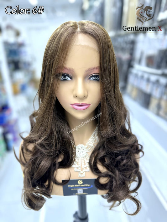 20''-22'' Arsuim Side T Part Remy human Hair Lace Wig Natural Wave Color 6#