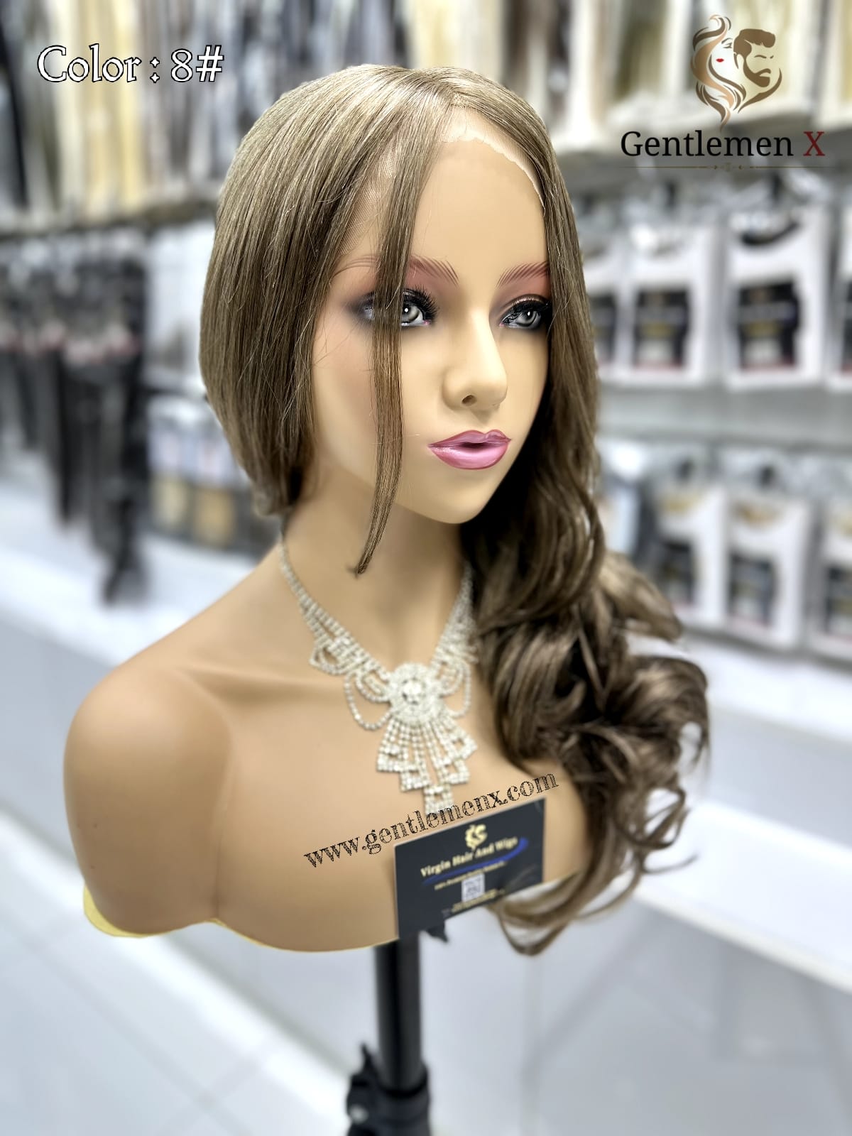 20''-22'' Arsuim Side T Part Remy human Hair Lace Wig Natural Wave Color 8#