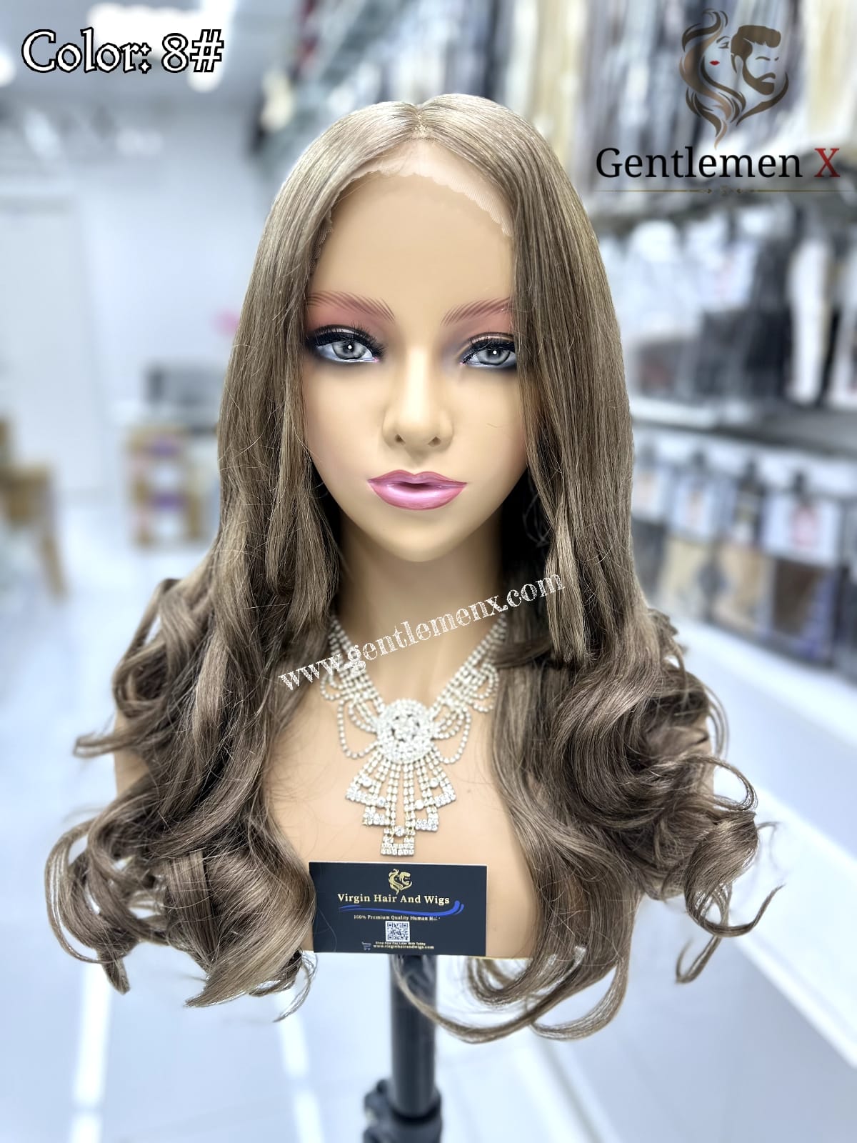 20''-22'' Arsuim Side T Part Remy human Hair Lace Wig Natural Wave Color 8#
