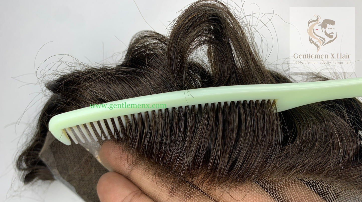 Gentlemen X Premium European ck2 Q6 Toupee Lace Front 100% Human Hair Systems with Easy Wear Breathable Hairpieces Natural Bleached Invisible Knots