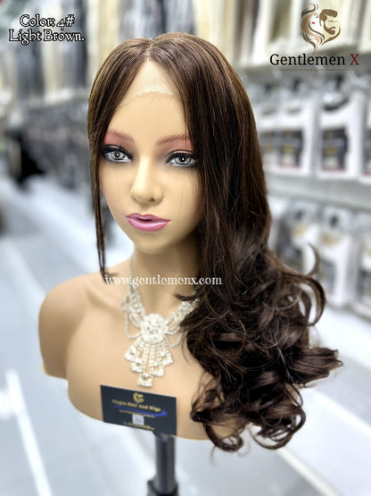 20'' Arsuim Side T Part Remy human Hair Lace Wig Natural Wave Color 4# Brown