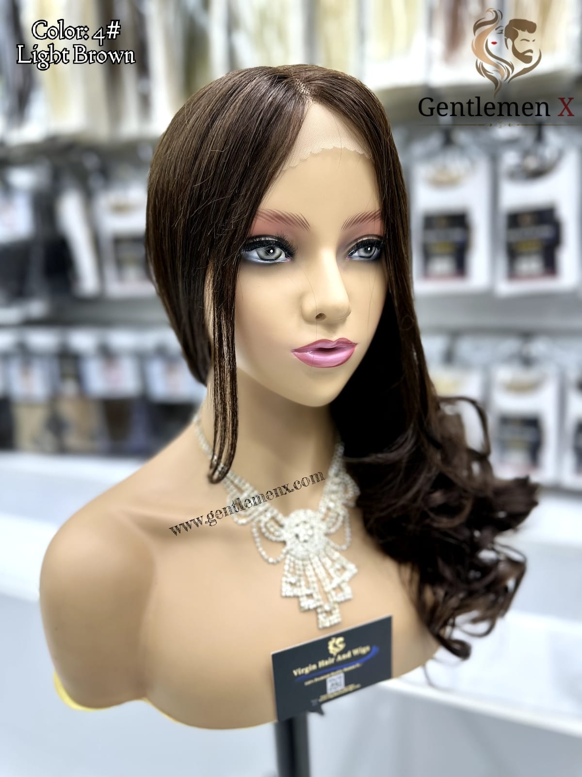 20'' Arsuim Side T Part Remy human Hair Lace Wig Natural Wave Color 4# Brown