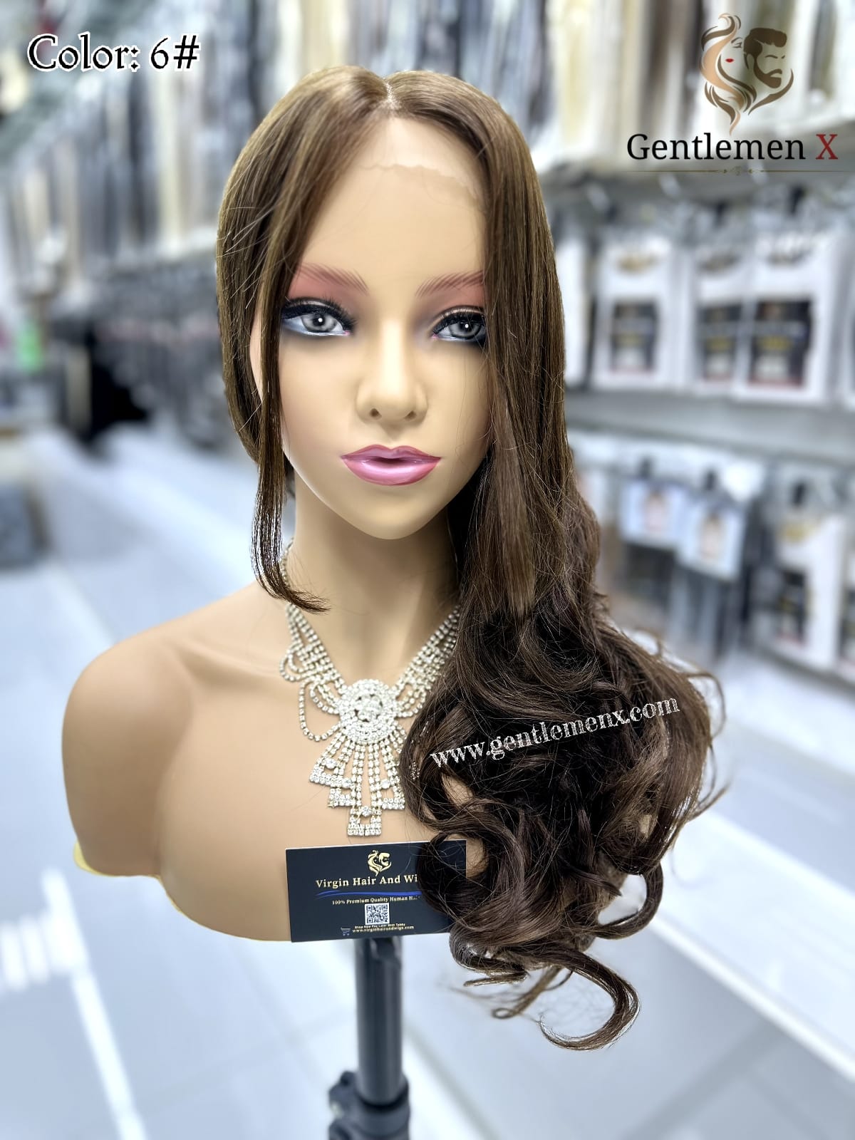 20'' Arsuim Side T Part Remy human Hair Lace Wig Natural Wave Color 6#