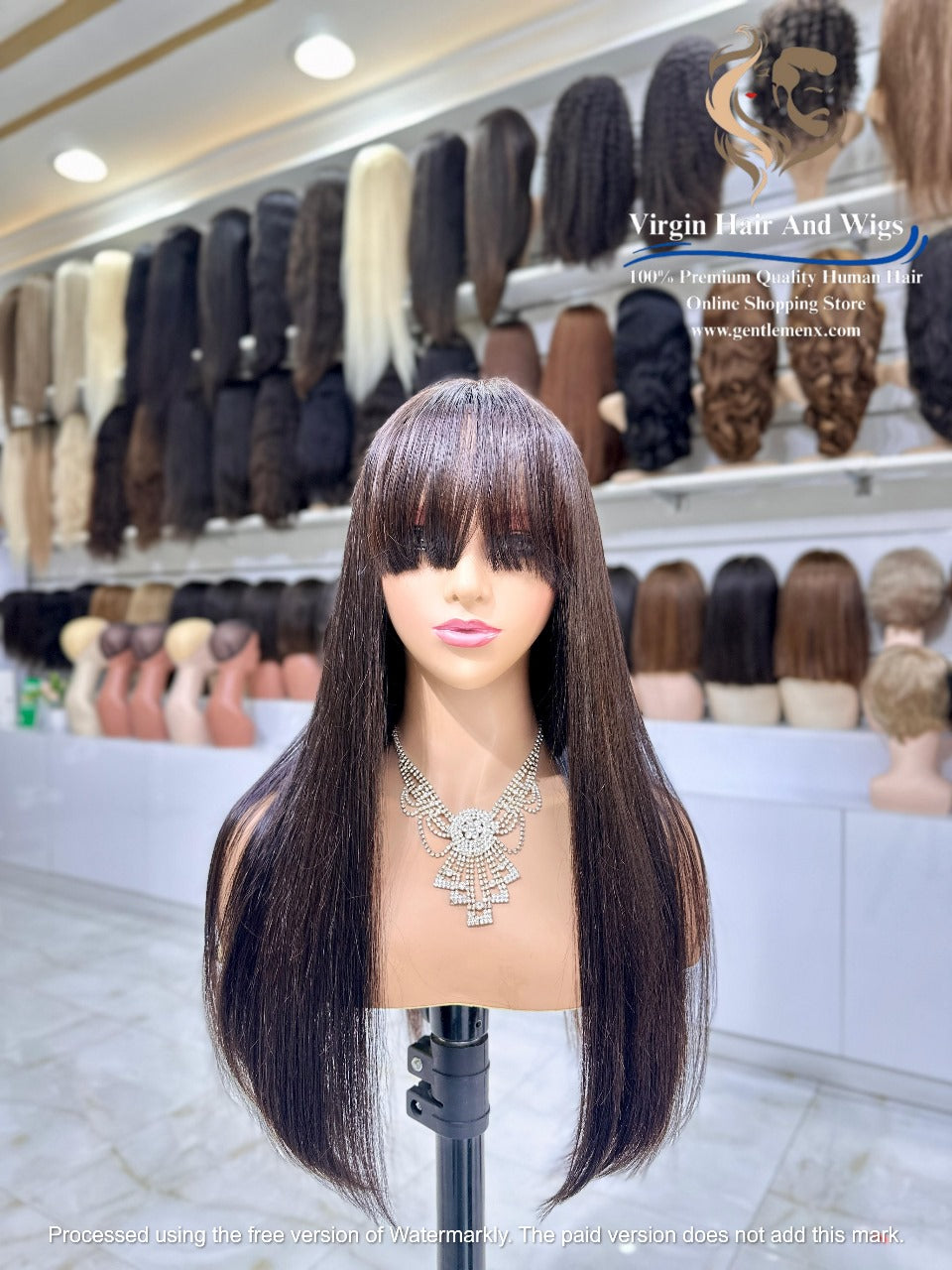 2X4 Lace Fringe Wig For Women 100% Human Hair Wigs With Bang straight 22'' Natural 1B