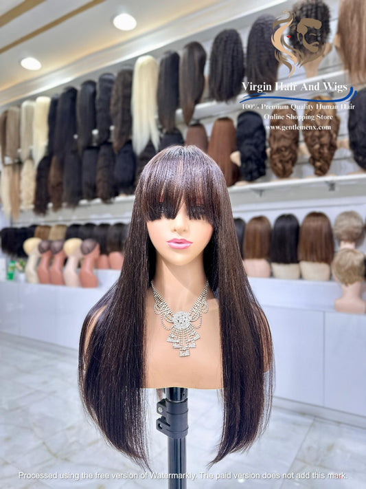 2X4 Lace Fringe Wig For Women 100% Human Hair Wigs With Bang straight 22'' Natural 1B