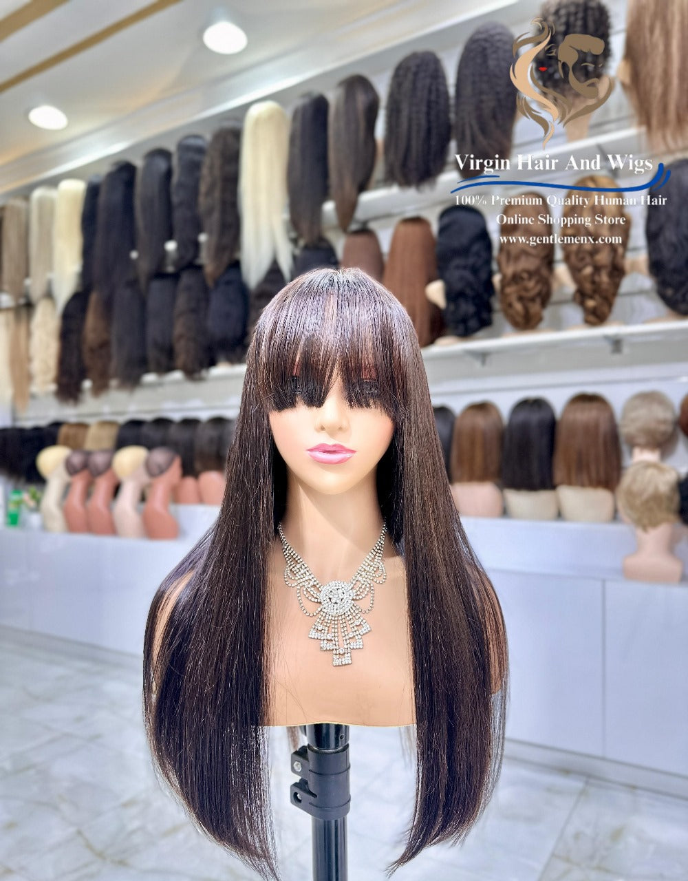 2X4 Lace Fringe Wig For Women 100% Human Hair Wigs With Bang straight 22'' Natural 1B