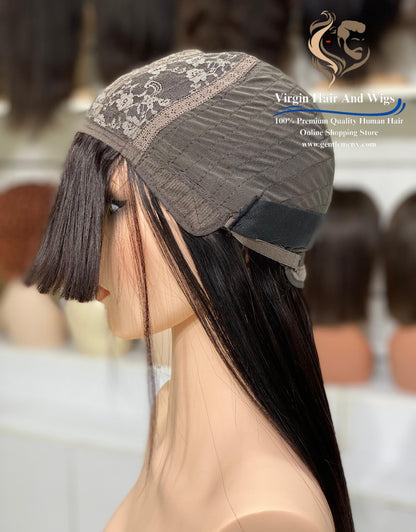 2X4 Lace Fringe Wig For Women 100% Human Hair Wigs With Bang straight 22'' Natural 1B