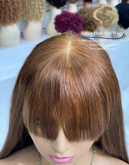 2X4 Lace Fringe Wig For Women 100% Human Hair Wigs With Bang straight 22'' Brown 4#