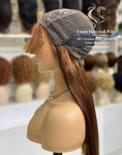 2X4 Lace Fringe Wig For Women 100% Human Hair Wigs With Bang straight 22'' Brown 4#