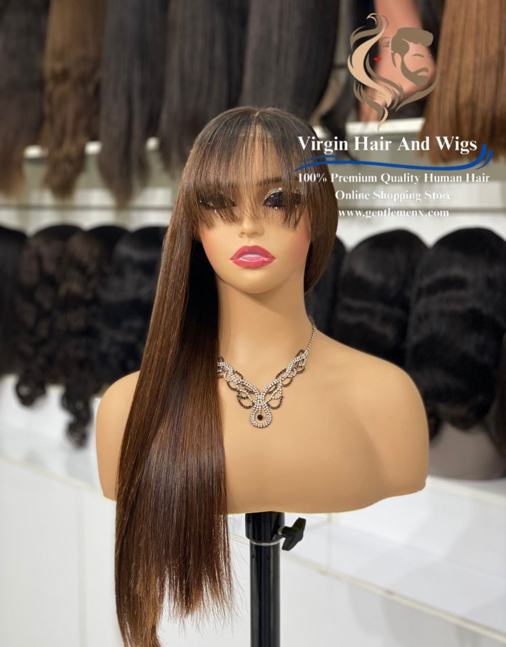 5x5 Lace Fringe Wig For Women 100% Human Hair Wigs With Bang straight 22'' T2/4#