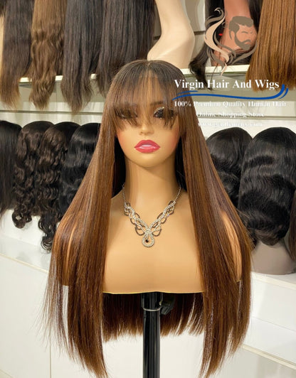 5x5 Lace Fringe Wig For Women 100% Human Hair Wigs With Bang straight 22'' T2/4#