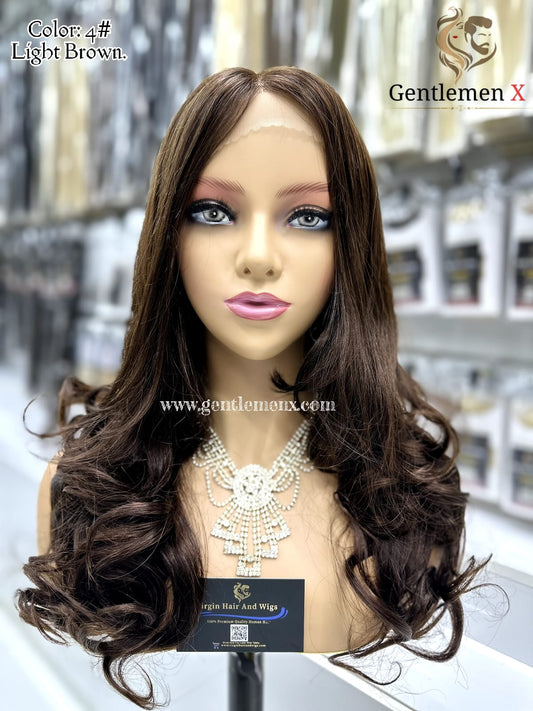 20'' Arsuim Side T Part Remy human Hair Lace Wig Natural Wave Color 4# Brown