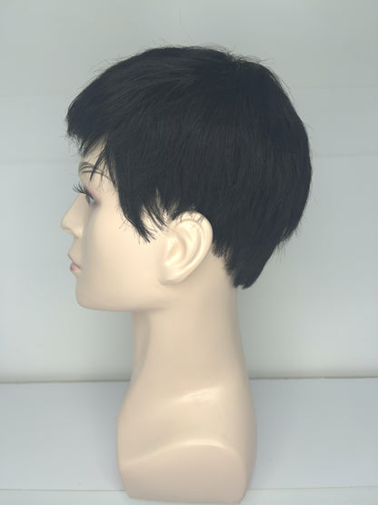 Men's Wig 100% Human Natural Black Short Hair Full Lace Wig 1B JF001